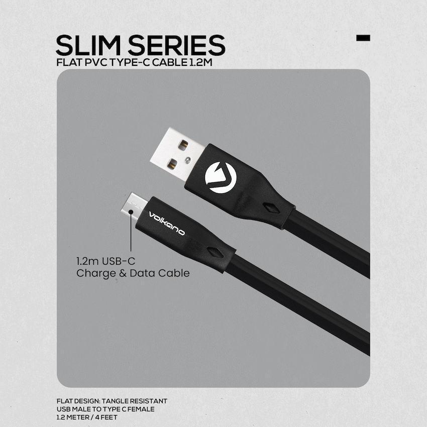 Volkano Mobile Accessories Volkano Slim Series Flat PVC Type-C Cable 1.2m - Black