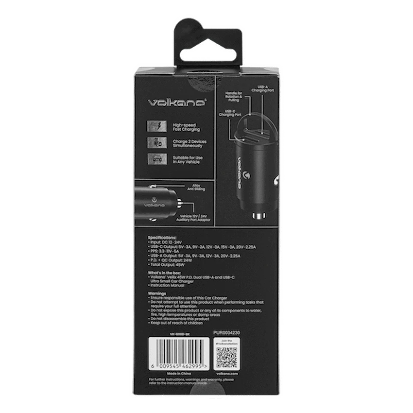 Volkano Mobile Accessories Volkano Veilix Series 45w PD Dual USB-A and USB-C Ultra Small Car Charger - Black