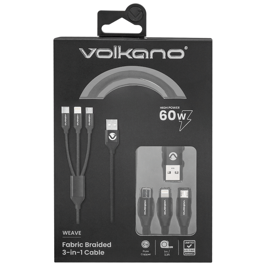 Volkano Mobile Accessories Volkano Weave Series Fabric Braided 3-in-1 (Type-C/Lightning/Micro) Cable 1m - Black