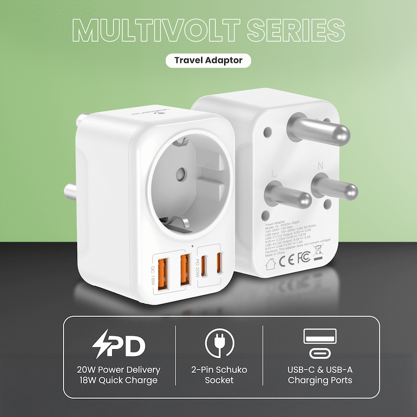 Volkano Volkano MultiVolt Series 2x USB-A + 2x USB-C adaptor SA Plug to multi travel socket 20Watt