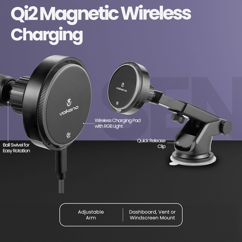 Volkano Volkano Sentinel Series Qi2.2 Magnetic Wireless Charging Car Dash Mount Phone Holder - Black