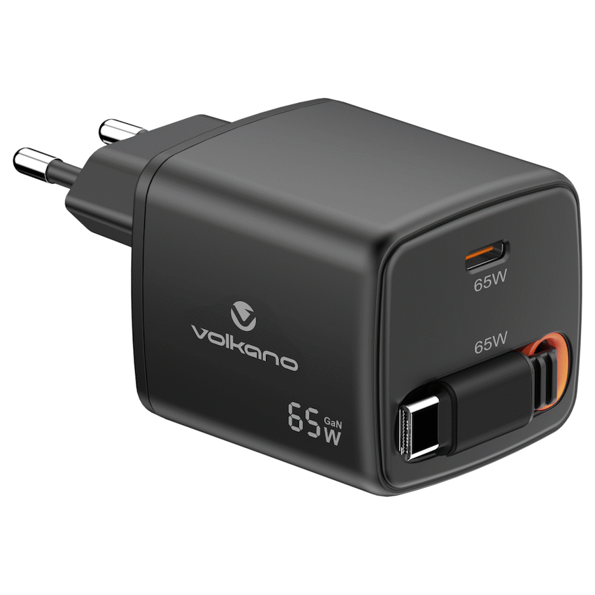 Volkano Volkano Sleek Series Fast Wall Charger 65W USB-C with Built-in Retractable 75cm Cable - Black