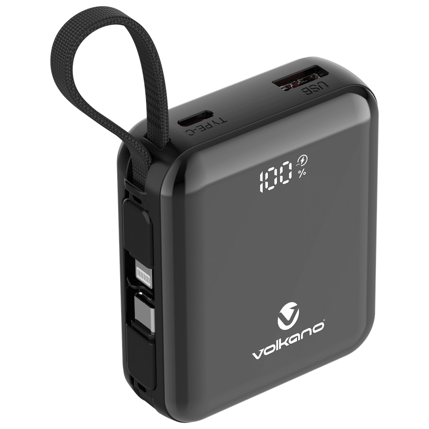 Volkano Volkano Solace Series 10 000 mAh Power Bank with Built-in USB-C & Lightning Cable - Black