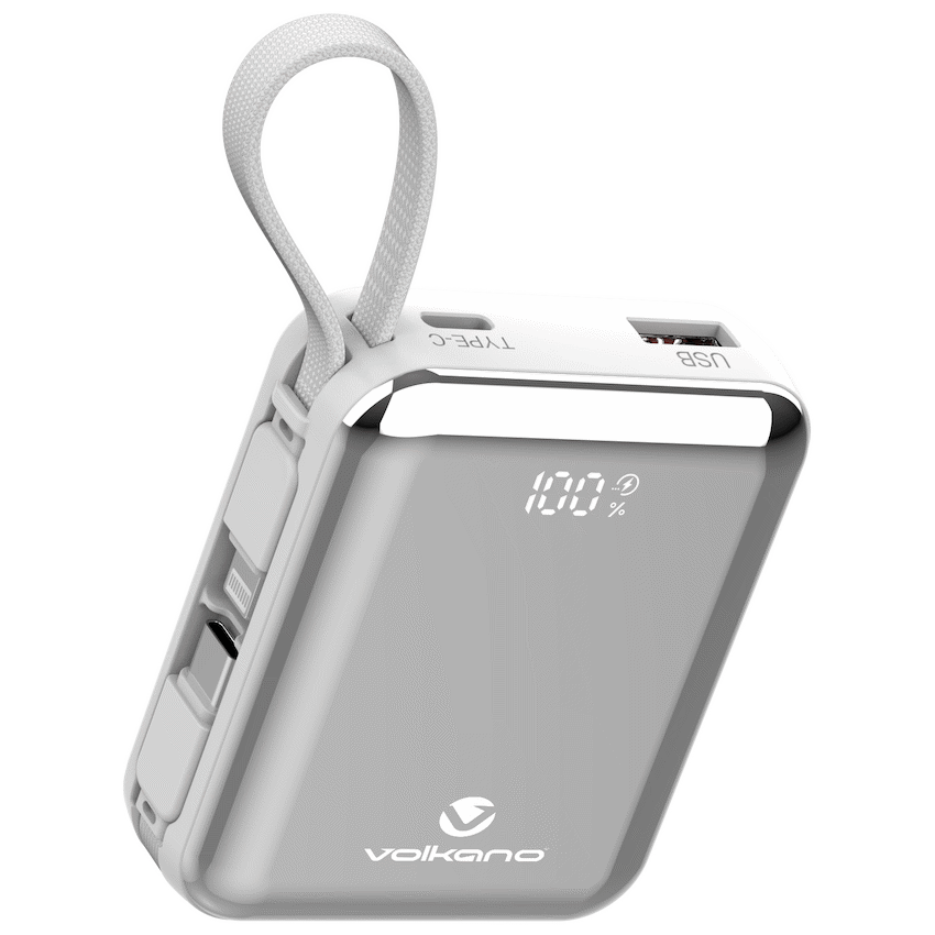 Volkano Volkano Solace Series 10 000 mAh Power Bank with Built-in USB-C & Lightning Cable - White & Silver