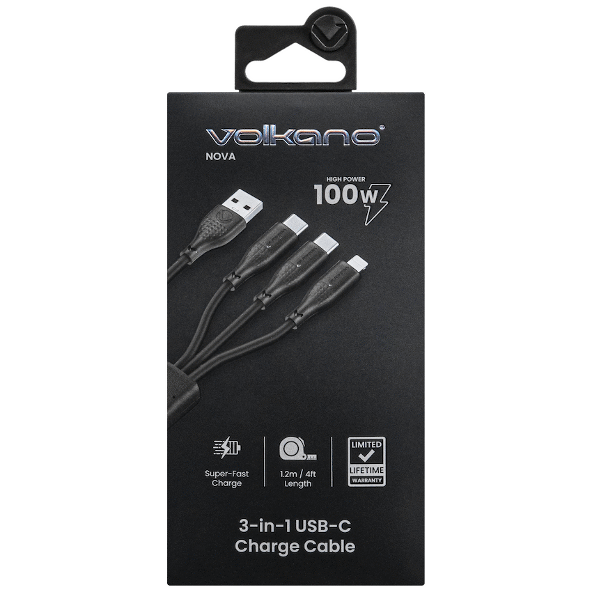 Volkano Volkao Nova Series USB A to 2 USb C and lightning cable 100W 1.2m TPE-Black