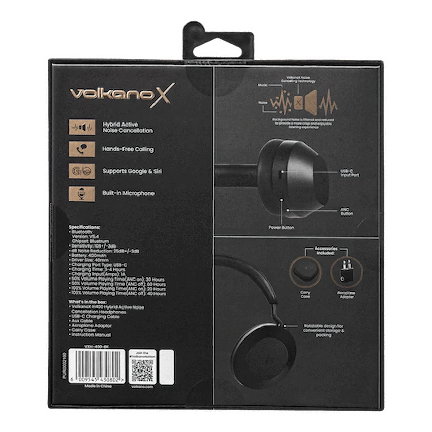 VolkanoX Audio VolkanoX H400 Hybrid Active Noise Cancellation Headphones - Black