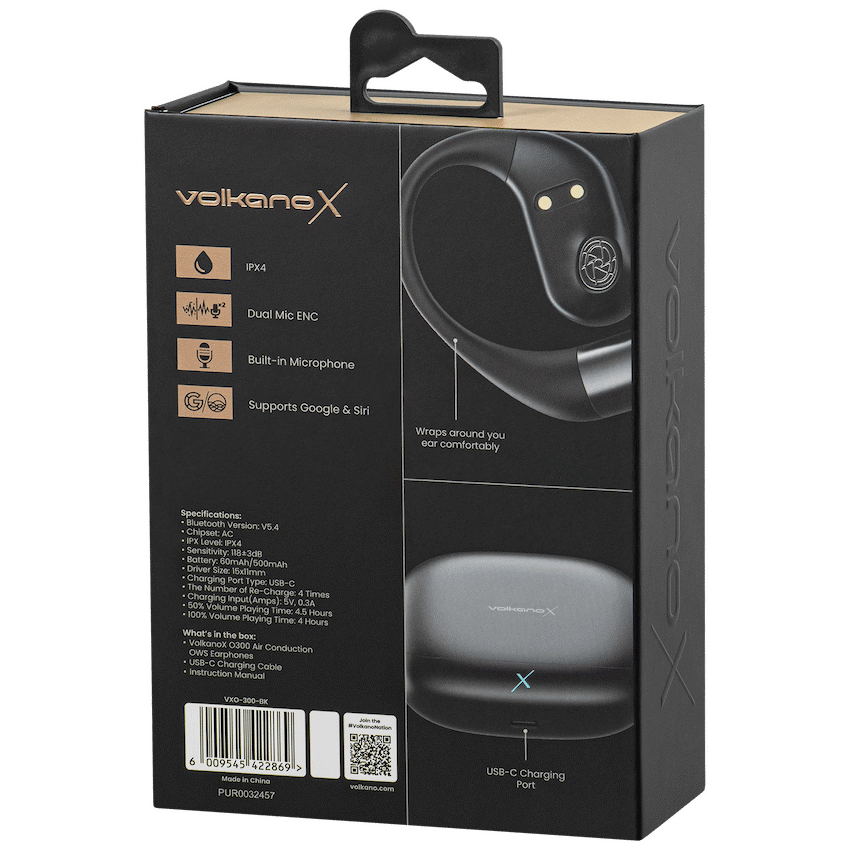 VolkanoX Audio VolkanoX O300 Air Conduction OWS Earphones - Black