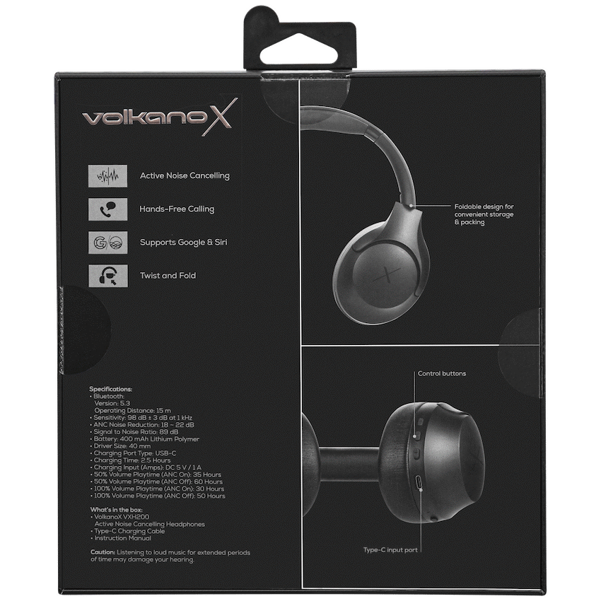 VolkanoX Audio VolkanoX VXH200 Bluetooth Headphones with ANC - Black