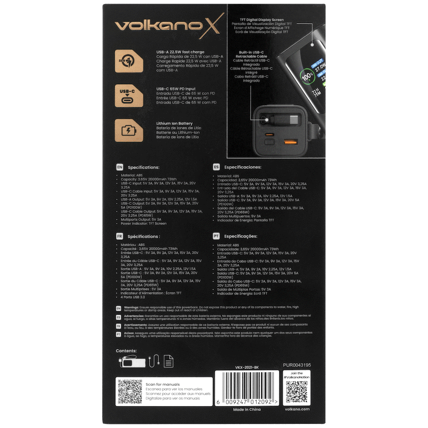 VolkanoX VolkanoX Titan Series - 20 000 mAh - Power Bank with retractable Type-C Cable with Flashlight