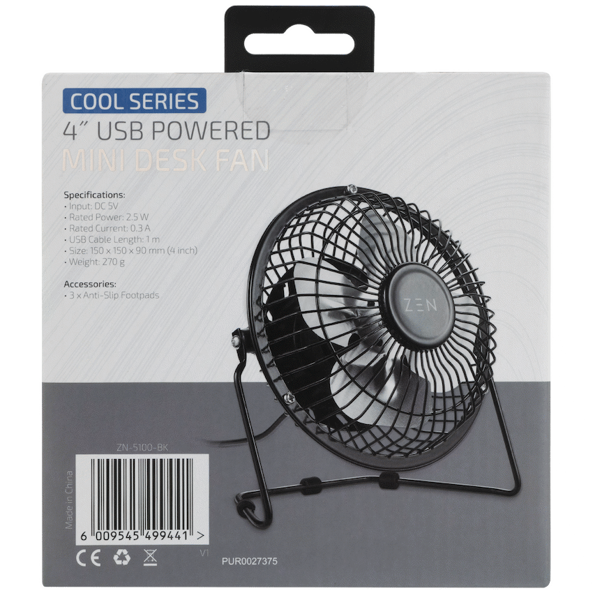 ZEN Kitchen and Home ZEN Cool Series 4" Mini Desk Fan - Black